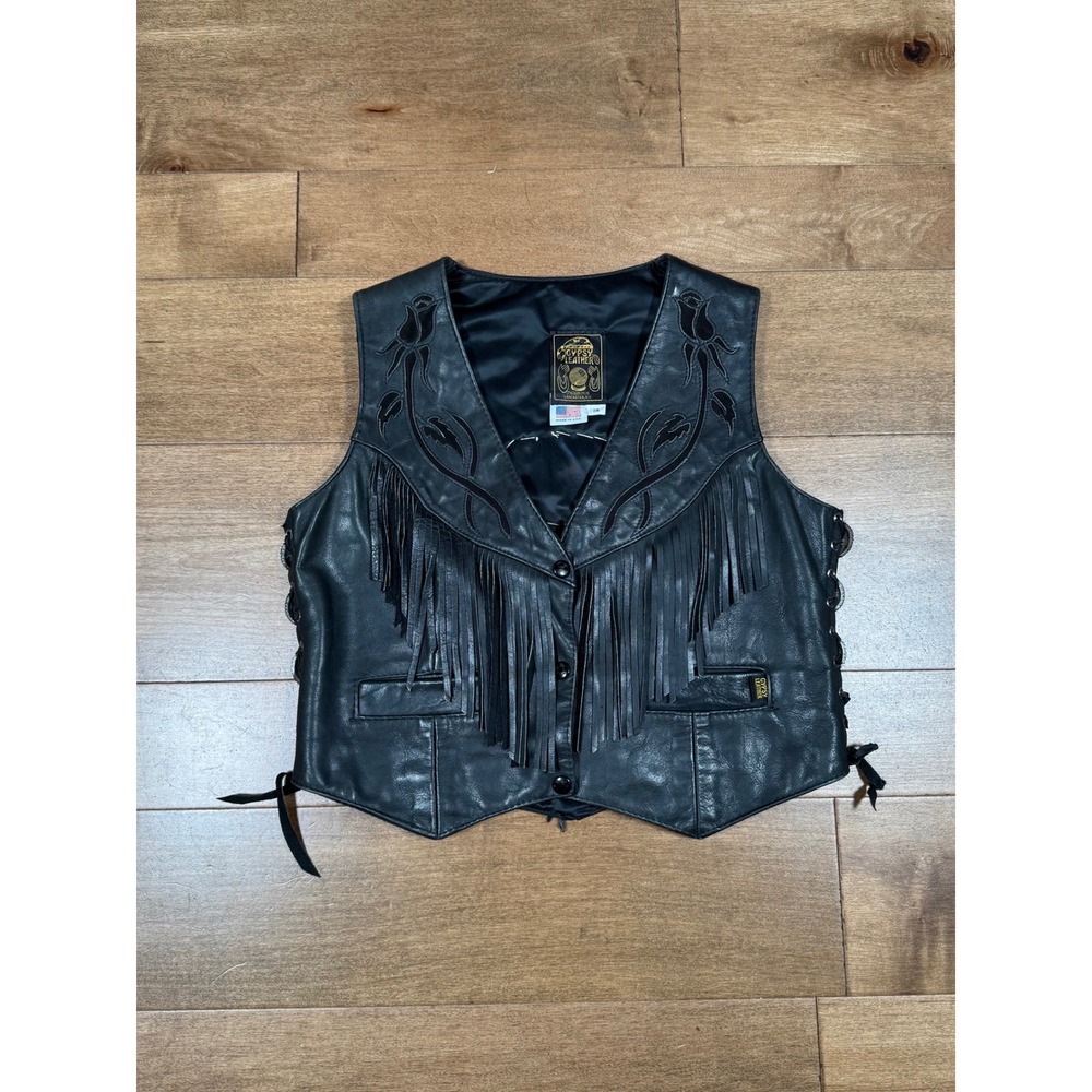 Gypsy‎ Leather Fringe Western Biker Vest Lace Concho Roses Vintage Womens 14